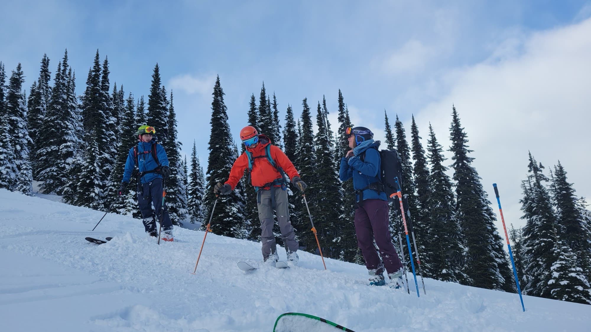 Three skiers in helmets and packs transitioning on a snowy slope below snow-laden evergreens