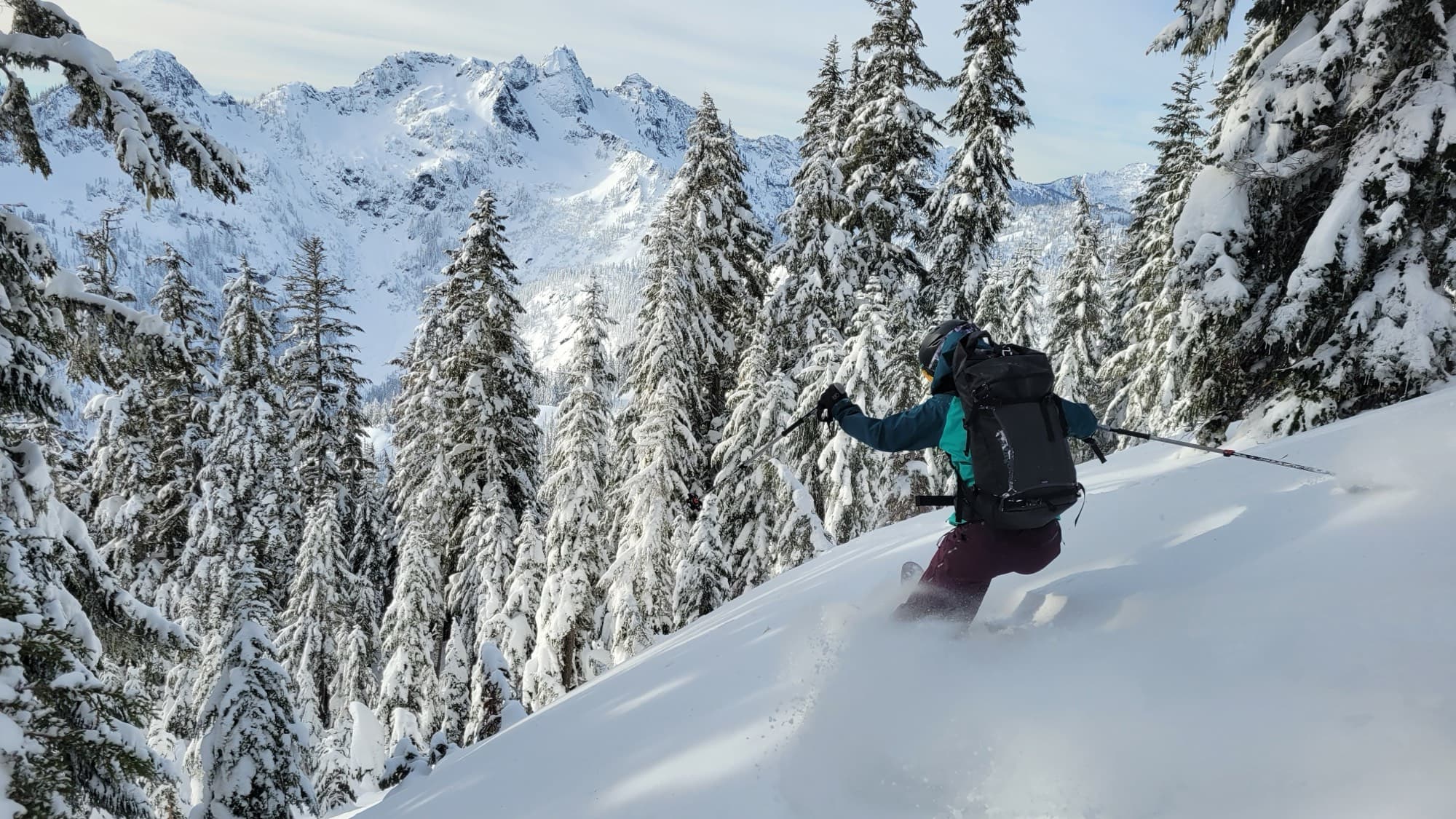A skier making a turn in deep powder through snow-covered trees, with peaks behind